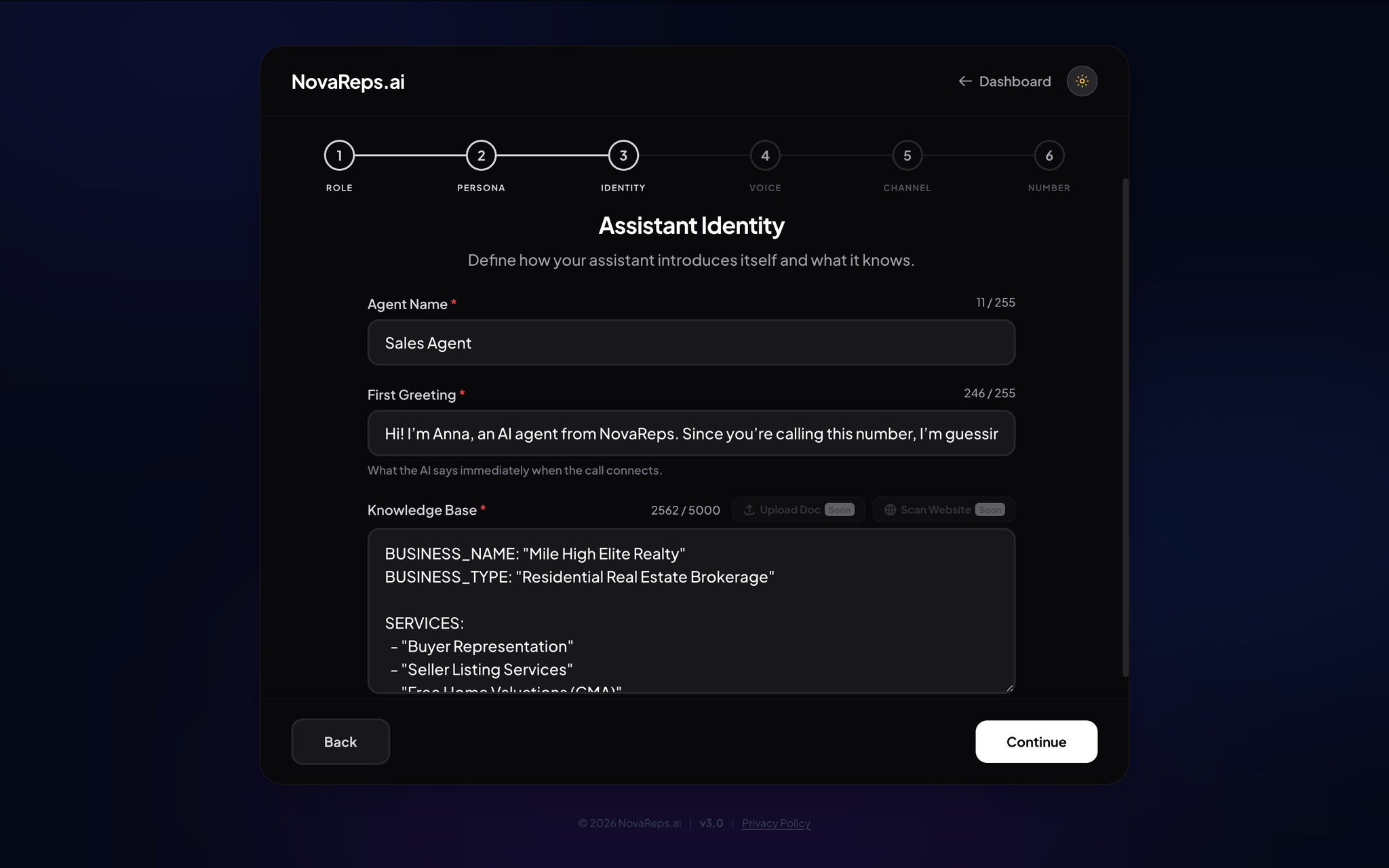 Step 4: Assistant Identity, First Greeting, and Knowledge Base