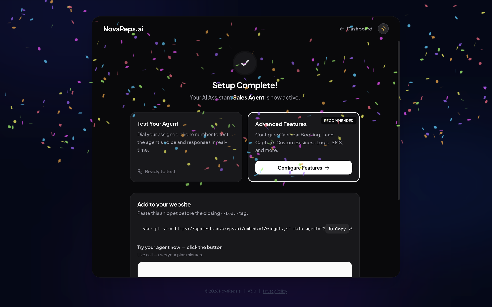 Step 7: Setup Complete with Live Test Calling and Website Embed Snippet